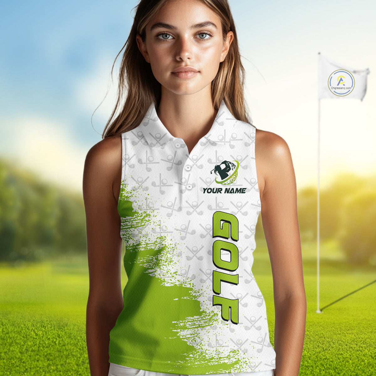 Green and White golf camo Women sleeveless polo shirt custom golf wear for ladies, best golf gifts NQS10170