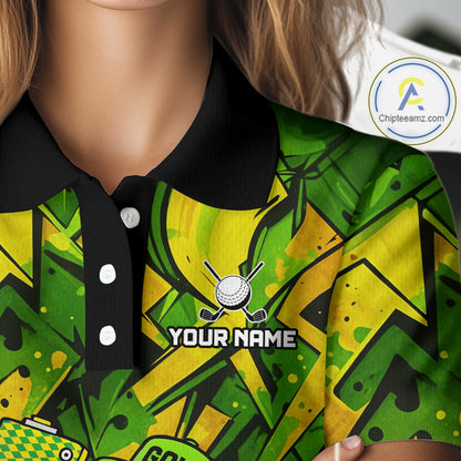 Green and Yellow camo funny golf ball Women golf polo shirts custom team golf outfits for ladies NQS10176