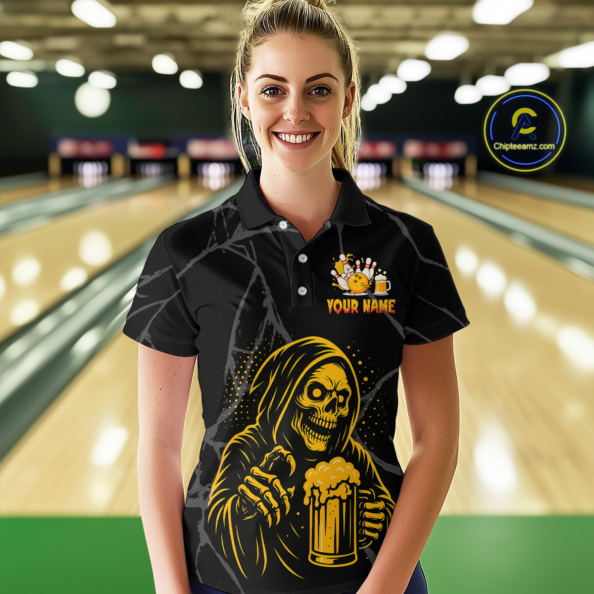 Bowling And Beer Custom Skull Bowling Shirts For Women, Halloween Bowling Outfits NQS10518