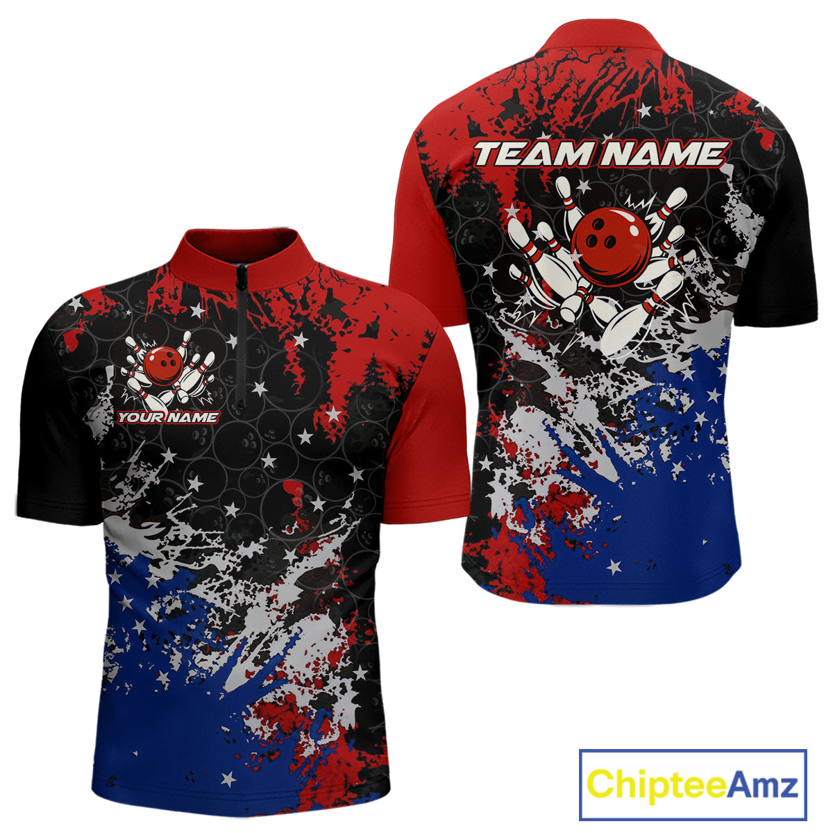 Red, White and Blue Camo Bowling Polo, Quarter Zip shirts for Men Custom Patriotic Gift For Bowlers NQS10589