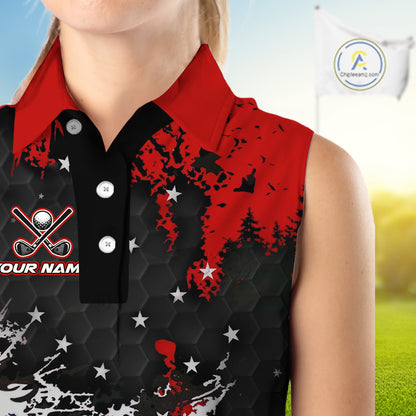 Red, White and Blue Women Sleeveless polo shirt Custom Patriotic Gift For Golfers, Ladies golf outfit NQS10590