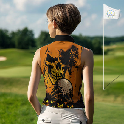 Skull Women's Sleeveless Polo Shirt Halloween Golf Outfits, Halloween golf gifts NQS10619