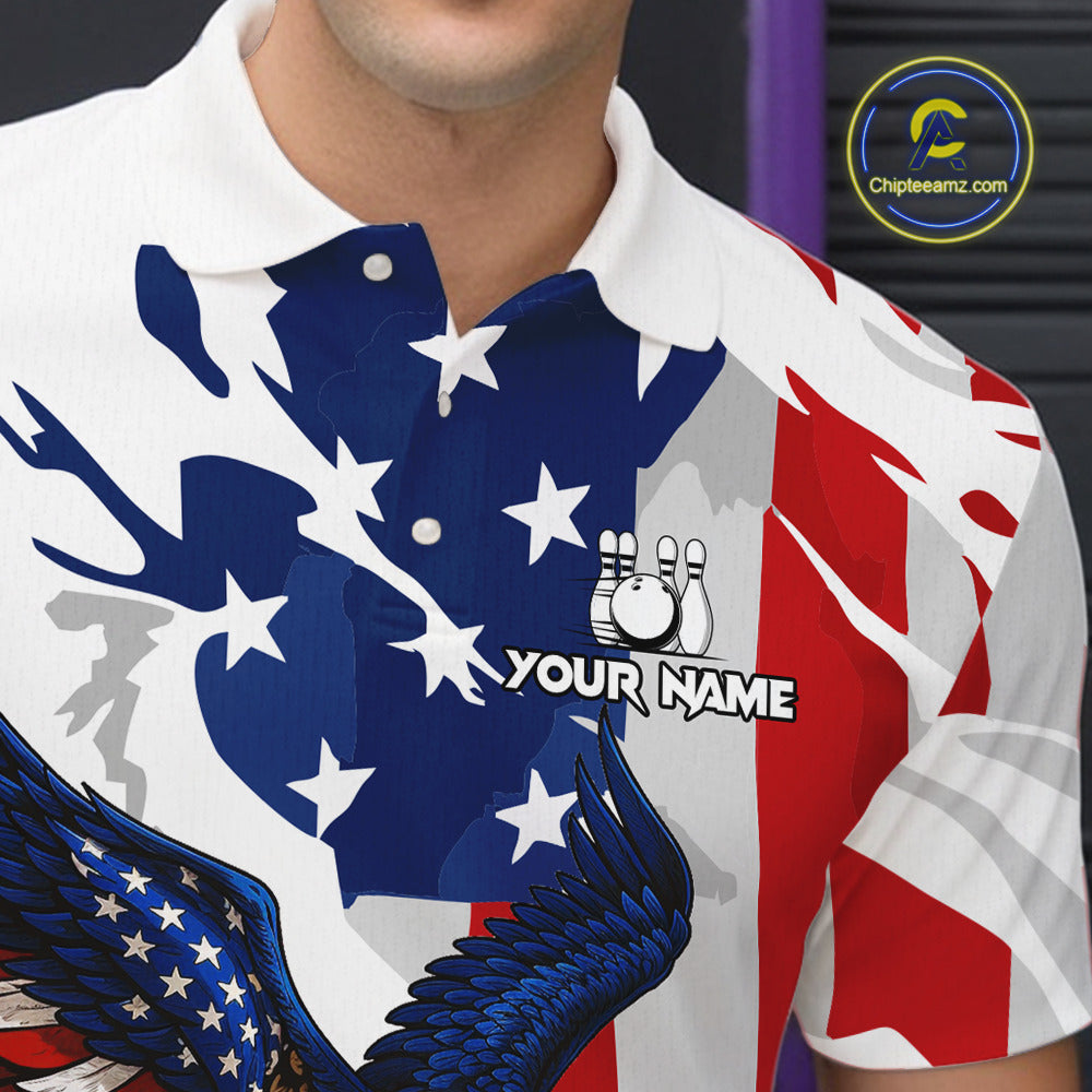 Red, White and Blue American Flag Eagle Bowling Shirts For Men Custom Patriotic Bowling Team Jerseys NQS10639