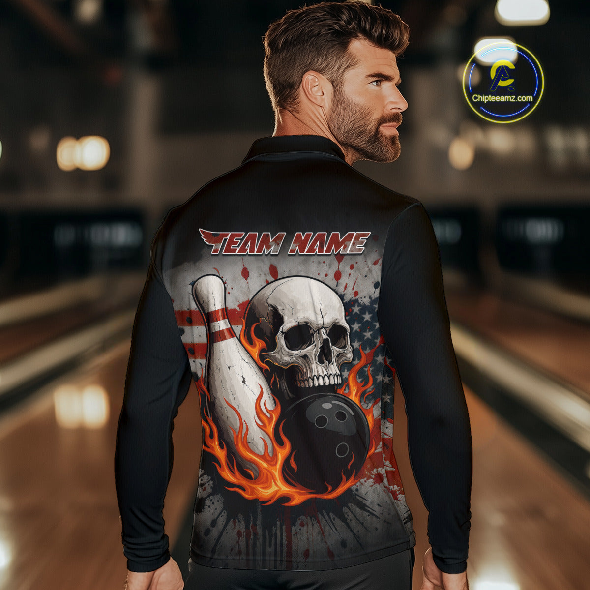 Personalized American Flag Flame Skull Bowling Shirts For Men Custom Patriotic Bowling Team Jersey NQS10462