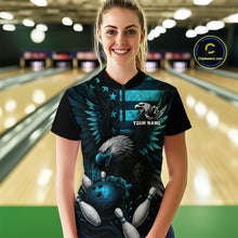 Load image into Gallery viewer, Custom Turquoise Vintage Us Flag Patriotic Eagle Bowling Shirt For Women, Retro Bowling Team Jerseys NQS10477