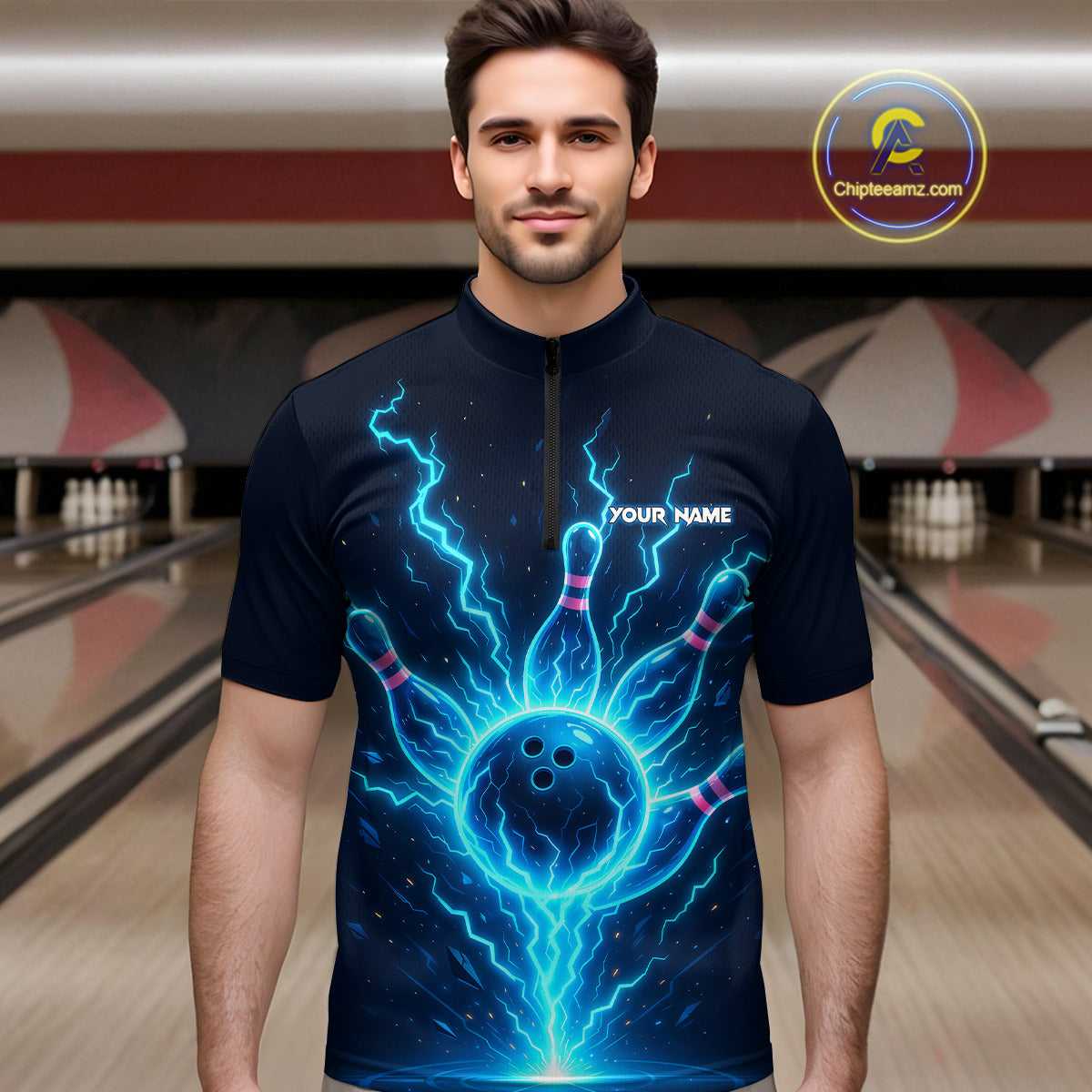 Blue Lightning Thunder Bowling Polo, Quarter Zip Shirts for Men Custom Team Bowling Shirts NQS10520