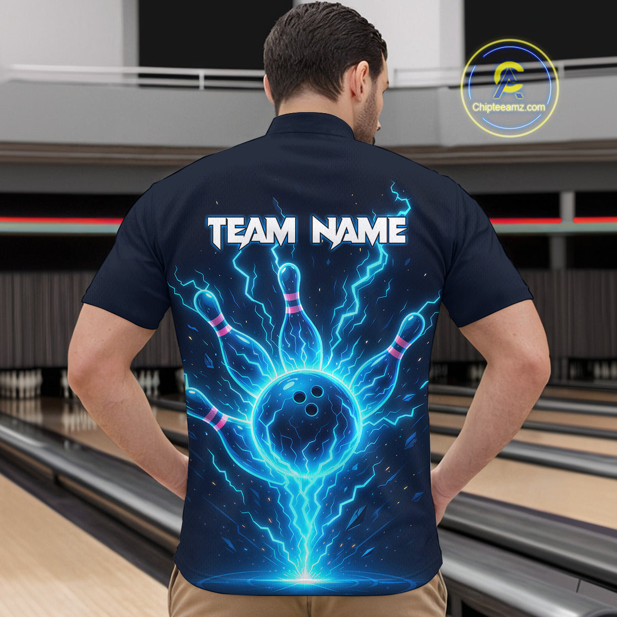 Blue Lightning Thunder Bowling Polo, Quarter Zip Shirts for Men Custom Team Bowling Shirts NQS10520