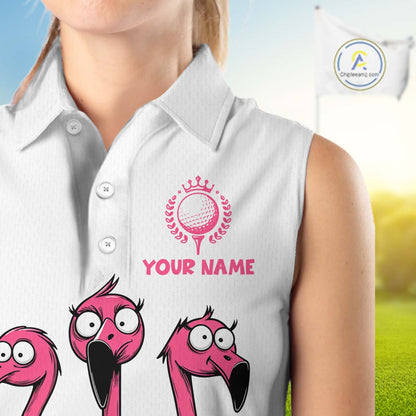 Funny pink flamingo friends white Women sleeveless polo shirt Custom flamingo ladies golf outfits NQS10201