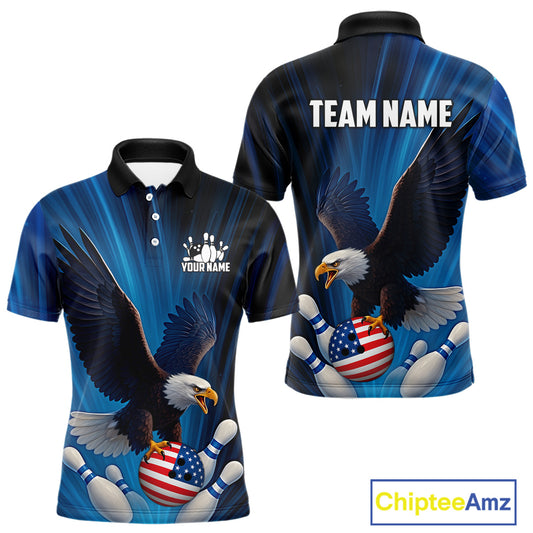 Blue Light Eagle American Flag Men's Bowling Polo, 1/4 Zip Shirt Custom Patriotic Team Bowling jersey NQS10350