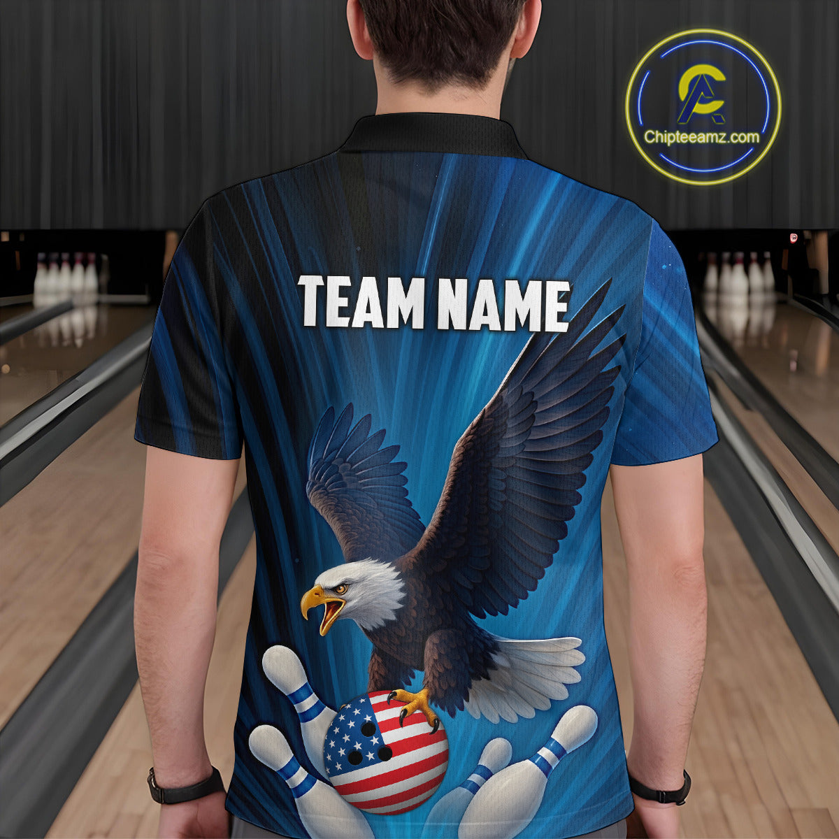 Blue Light Eagle American Flag Men's Bowling Polo, 1/4 Zip Shirt Custom Patriotic Team Bowling jersey NQS10350