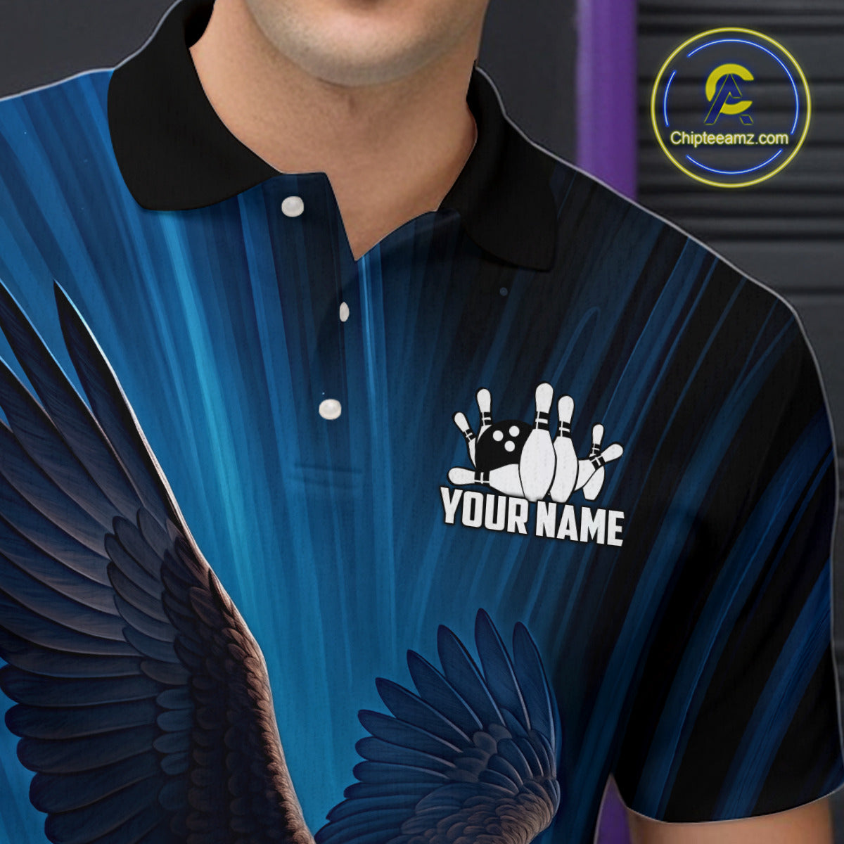 Blue Light Eagle American Flag Men's Bowling Polo, 1/4 Zip Shirt Custom Patriotic Team Bowling jersey NQS10350
