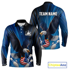 Load image into Gallery viewer, Blue Light Eagle American Flag Men's Bowling Polo, 1/4 Zip Shirt Custom Patriotic Team Bowling jersey NQS10350