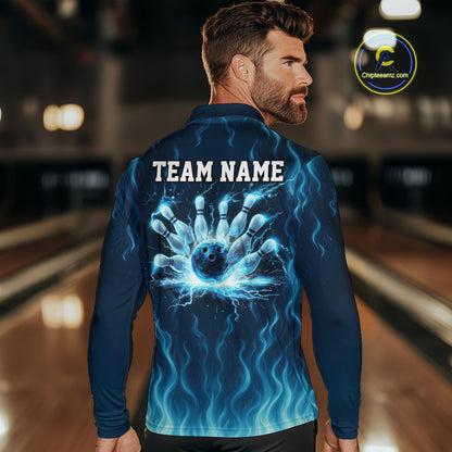 Blue flame lightning thunder Bowling polo, quarter zip shirts for men custom Bowling team jerseys NQS10387