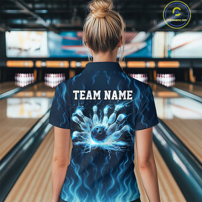 Blue flame lightning thunder Bowling polo, quarter zip shirts for Women custom Bowling team jerseys NQS10387