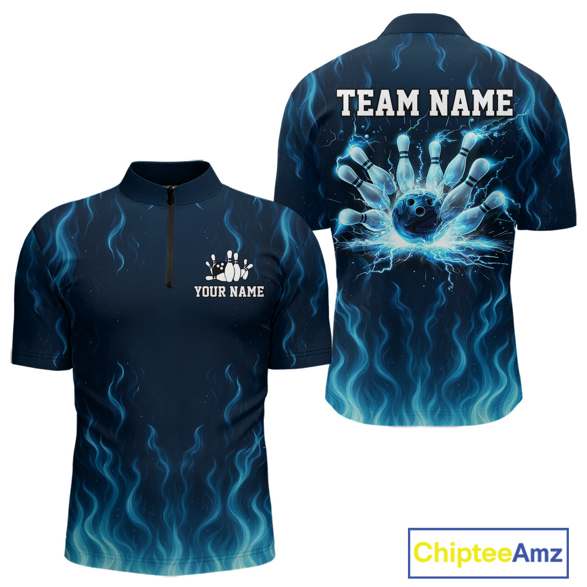 Blue flame lightning thunder Bowling polo, quarter zip shirts for men custom Bowling team jerseys NQS10387