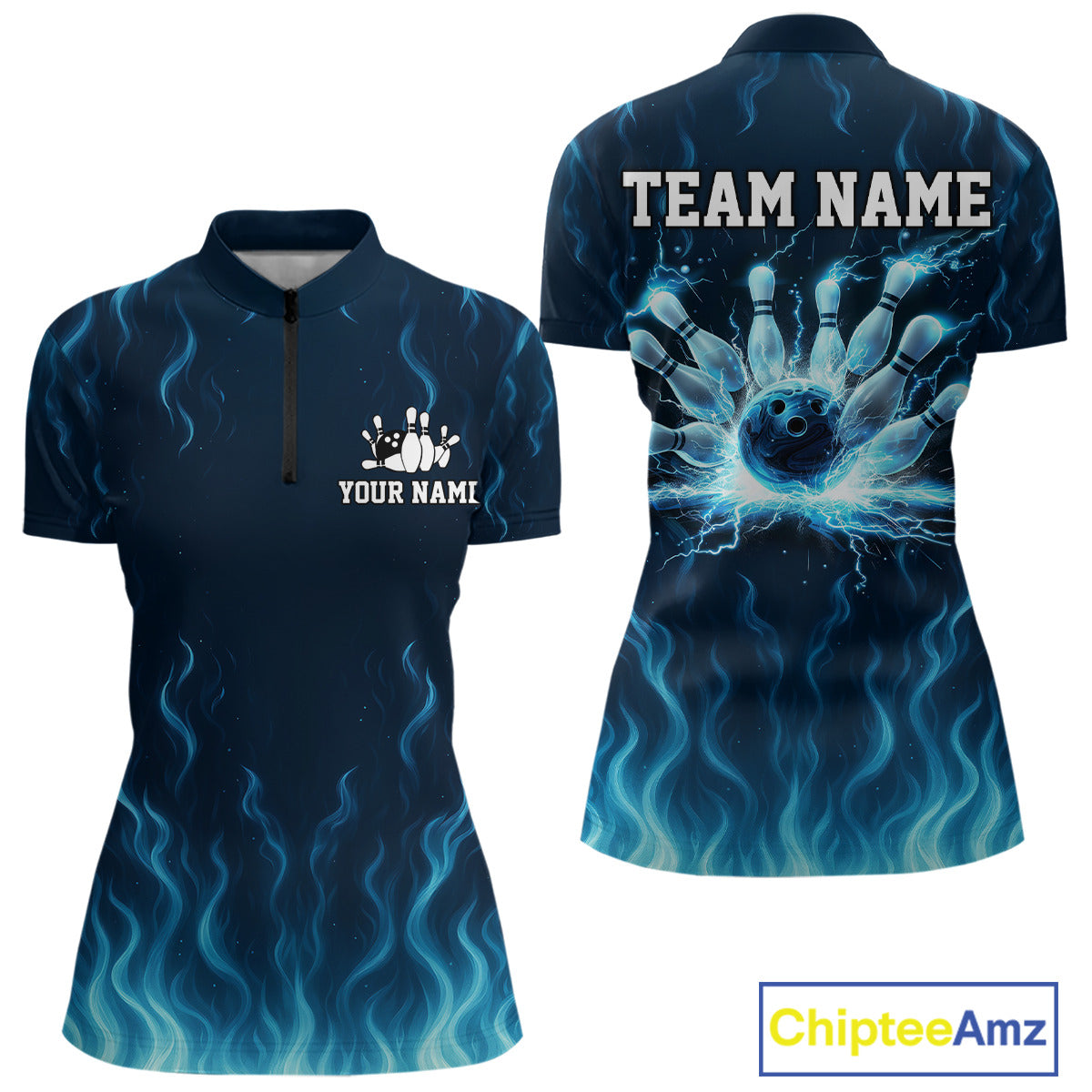 Blue flame lightning thunder Bowling polo, quarter zip shirts for Women custom Bowling team jerseys NQS10387