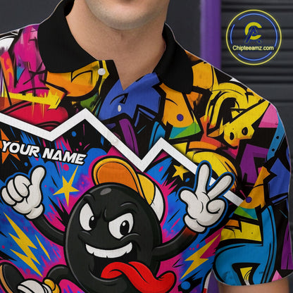 Colorful graffiti pattern Funny Bowling polo, quarter zip shirts for men custom Bowling team jerseys NQS10389