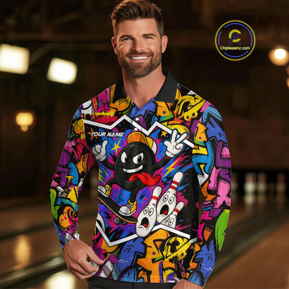 Colorful graffiti pattern Funny Bowling polo, quarter zip shirts for men custom Bowling team jerseys NQS10389
