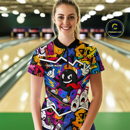 Colorful graffiti pattern Funny Bowling polo, quarter zip shirts for Women custom Bowling team jersey NQS10389