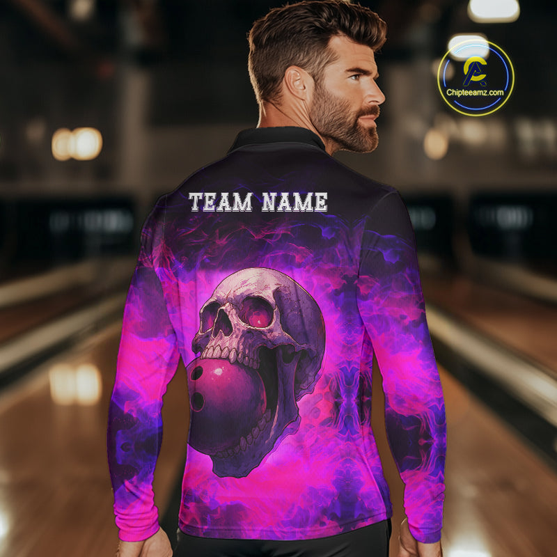 Custom Pink Flame Skull Halloween Bowling Shirts For Men, Personalized Team Bowling Jersey outfit NQS10401