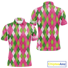 Load image into Gallery viewer, Pink and Green argyle pattern Mens golf polo shirt custom golf jerseys, personalized golf apparel NQS10408