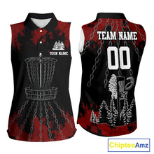 Load image into Gallery viewer, Black and Red Disc golf basket chain Women sleeveless polo shirt custom disc golf outfit for team NQS10438