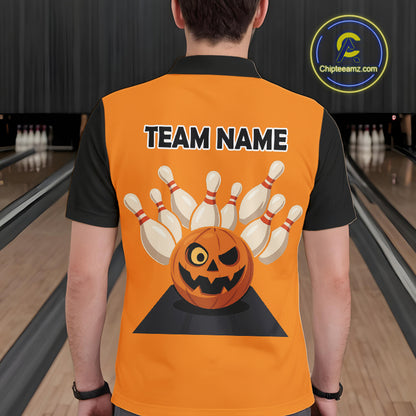Orange and Black Halloween Retro Bowling Polo, 1/4 Zip Shirts For Men Custom Bowling Team Shirt NQS10464
