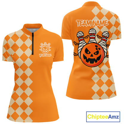 Orange Argyle Pattern Custom Halloween Ladies Bowling Shirts, Personalized Bowling Team Shirt NQS10466