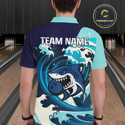 Custom Blue Shark Bowling Polo, Quarter Zip Shirts For Men, Personalized Shark Bowling Team Shirt NQS10469