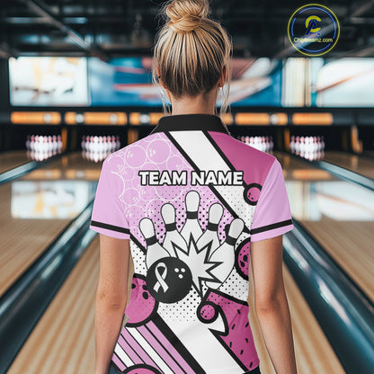 Personalized Pink Ribbons Camo Bowling Shirts For Women, Custom breast cancer bowling Team shirts NQS10533