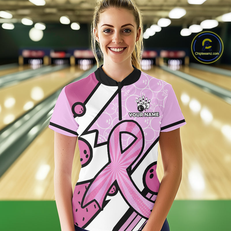 Personalized Pink Ribbons Camo Bowling Shirts For Women, Custom breast cancer bowling Team shirts NQS10533