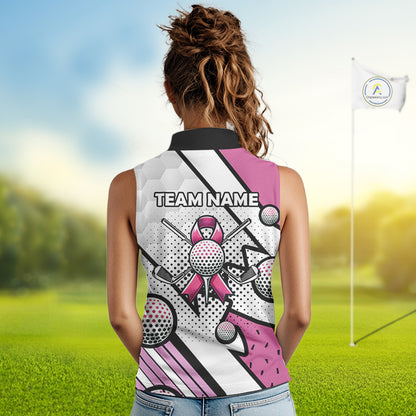 Personalized Pink Ribbons Camo Sleeveless polo Shirt for Women, Custom breast cancer Golf Team shirts NQS10534
