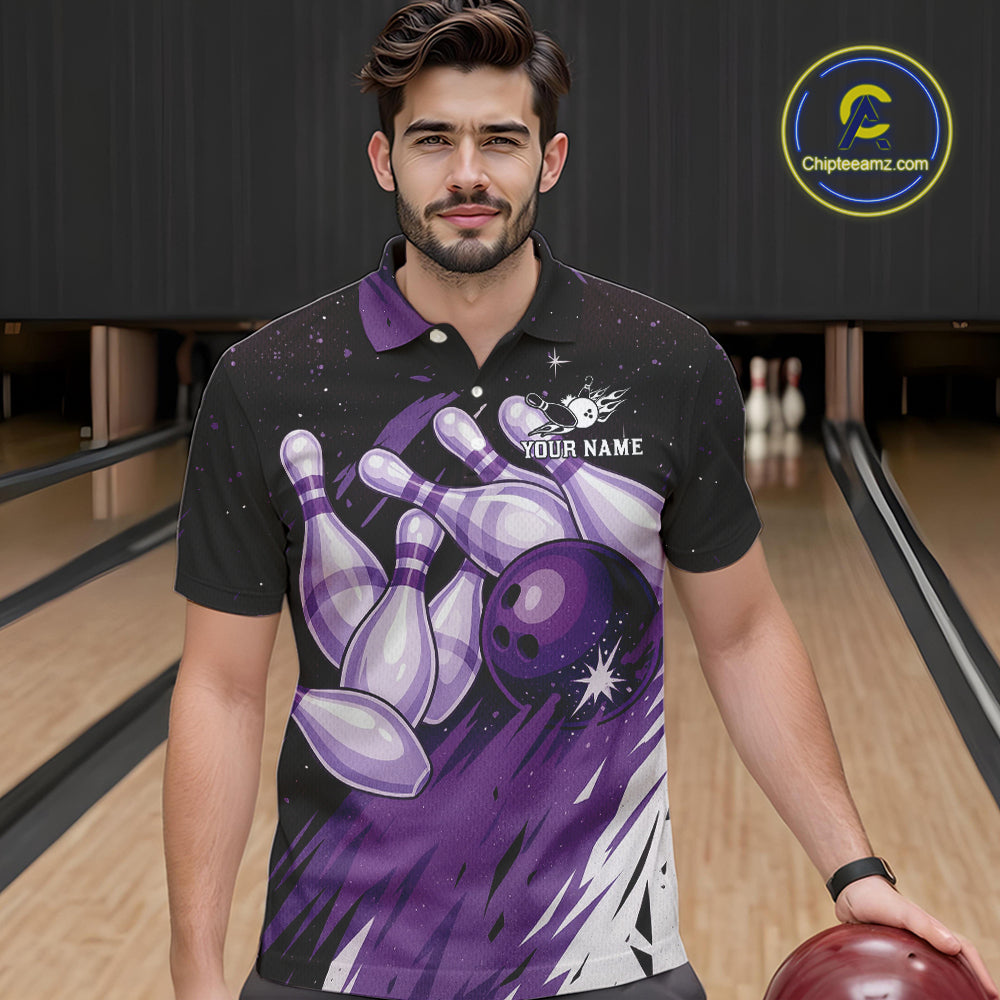 Custom Black And Purple Galaxy Bowling Team Polo, 1/4 Zip Shirt For Men, Personalized Bowling Jerseys NQS10544