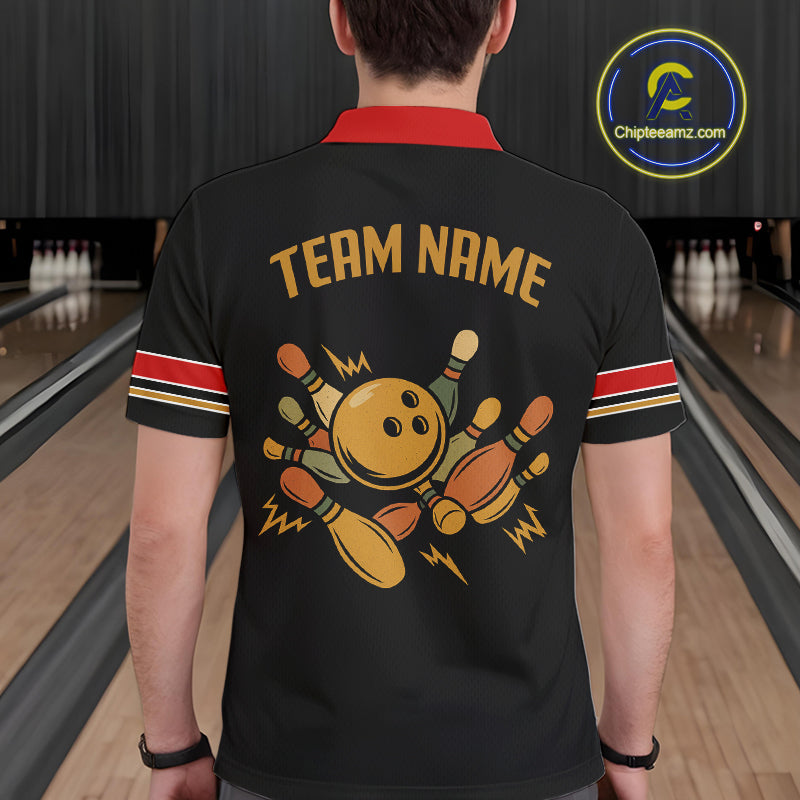 Custom Retro Black Mens Bowling Polo, Quarter Zip shirts, Personalized vintage bowling team jerseys NQS10548