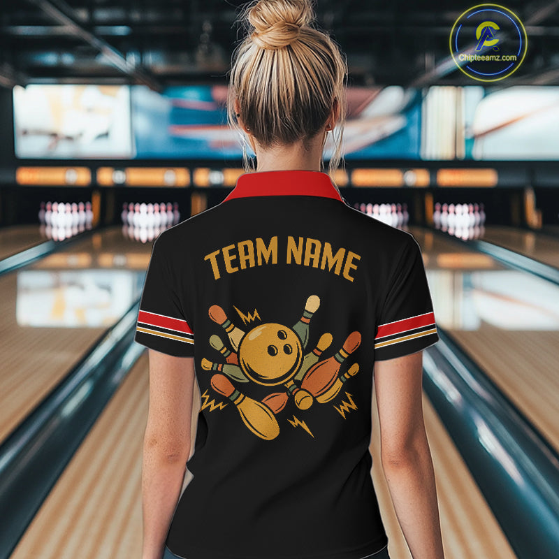 Custom Retro Black Womens Bowling Polo, Quarter Zip shirts, Personalized vintage bowling team jerseys NQS10548