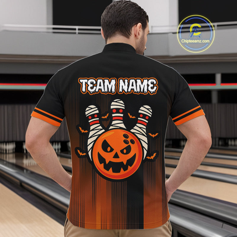 Custom Orange and Black Funny Pumpkin Ball pins Mens Bowling Team Shirts, Halloween Bowling Outfit NQS10564