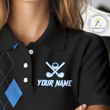 Load image into Gallery viewer, Black and Blue argyle polo shirts personalized long sleeve womens golf shirts, team golf outfit NQS11403