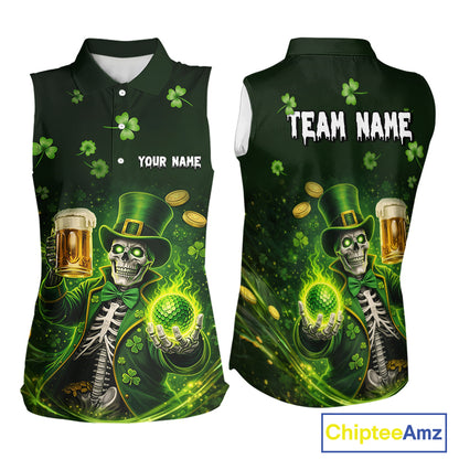 Funny Skull drink beer St Patrick's Day Green shamrock Custom ladies sleeveless golf tops NQS11411