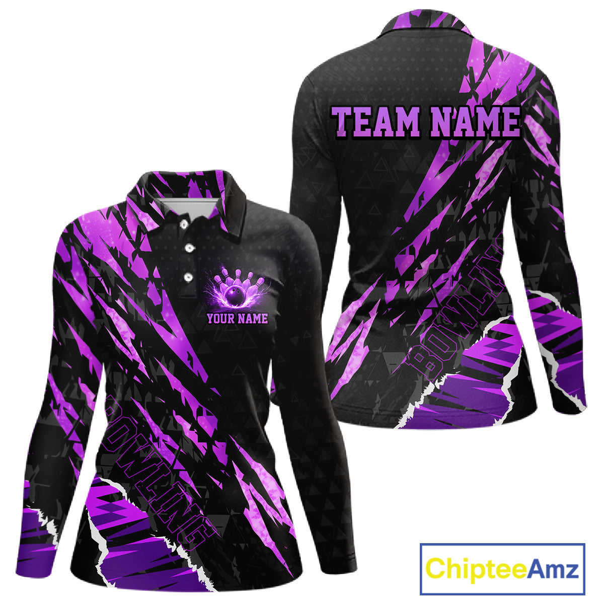 Black and Purple camo Bowling Polo shirts, 1/4 zip shirt for Women custom Bowling Team League Jerseys NQS11420