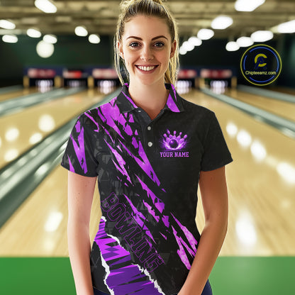 Black and Purple camo Bowling Polo shirts, 1/4 zip shirt for Women custom Bowling Team League Jerseys NQS11420