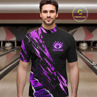 Black and Purple camo Bowling Polo shirts, 1/4 zip shirt for men custom Bowling Team League Jerseys NQS11420