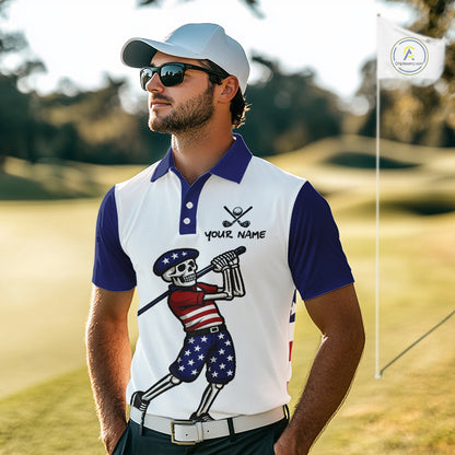 Red, White and Blue American Flag Skull Golf polo shirts for men custom patriotic golf top for men NQS10851