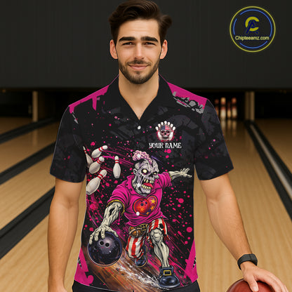 Black and Pink Funny zombie Bowling Hawaiian Shirt Custom Button up Bowling team league jerseys NQS11442