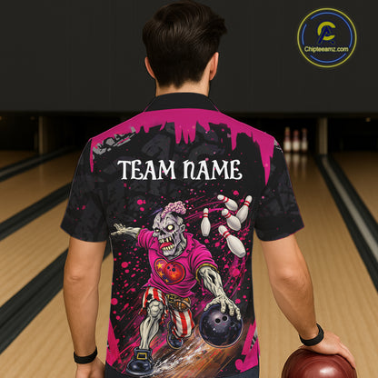 Black and Pink Funny zombie Bowling Hawaiian Shirt Custom Button up Bowling team league jerseys NQS11442