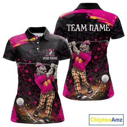 Black and Pink Funny zombie Golf Polo shirts for Women Custom funny women's golf team shirts NQS11443