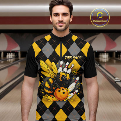 Black and Yellow argyle pattern Honey Bee Bowling shirts for Men Custom Team bowling jerseys NQS11250