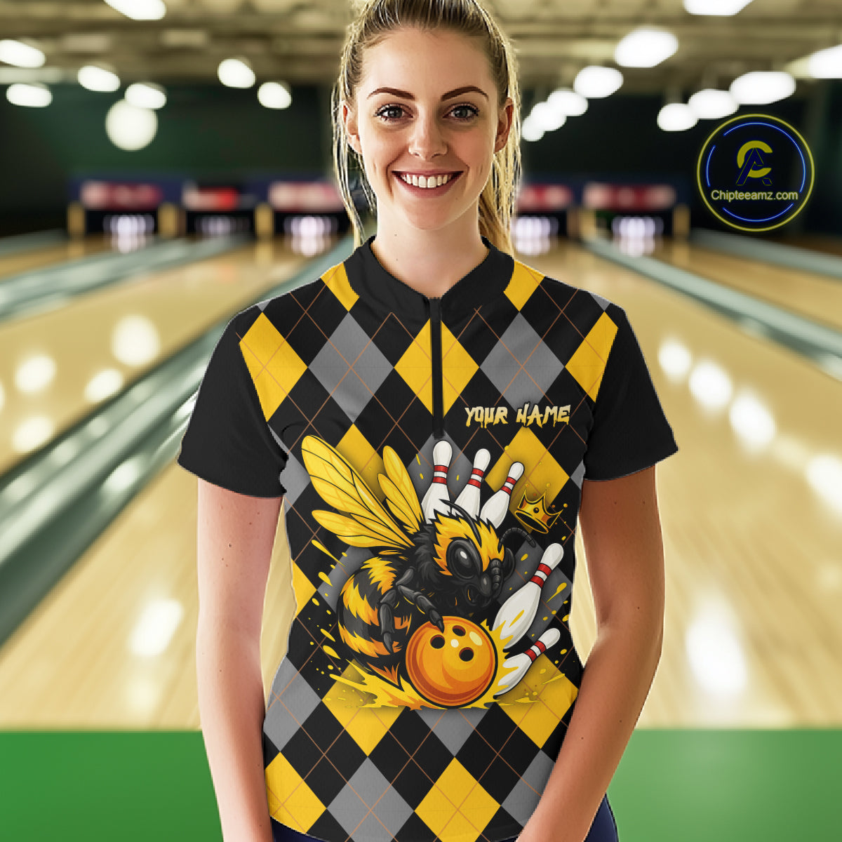 Black and Yellow argyle pattern Honey Bee Bowling shirts for Women Custom Team bowling jerseys NQS11250