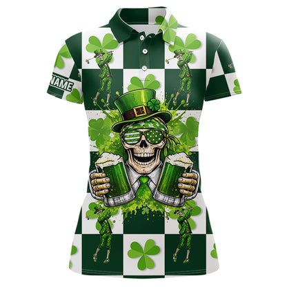 Funny Skull drink beer Clover square pattern Women Golf Polo shirts Custom St Patrick's Day golf tops NQS11454