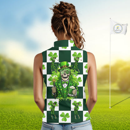 Funny Skull drink beer Clover square pattern Sleeveless Golf tops Custom St Patrick's Day golf tops NQS11454