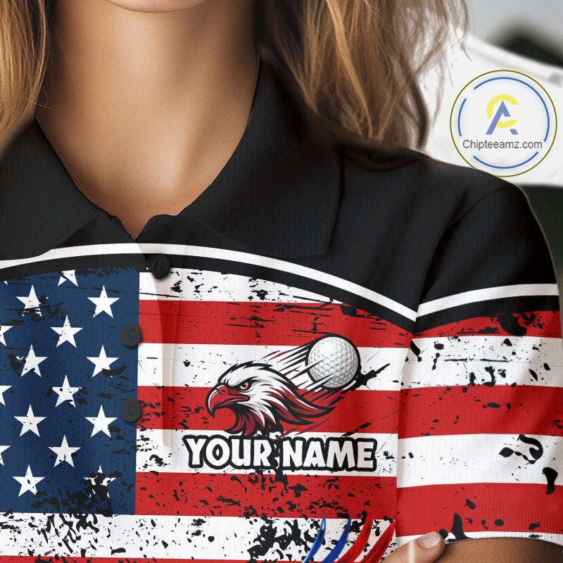 Red, White and Blue American Flag Eagle Flame Golf polo shirt for Women custom patriotic golf attire NQS11736
